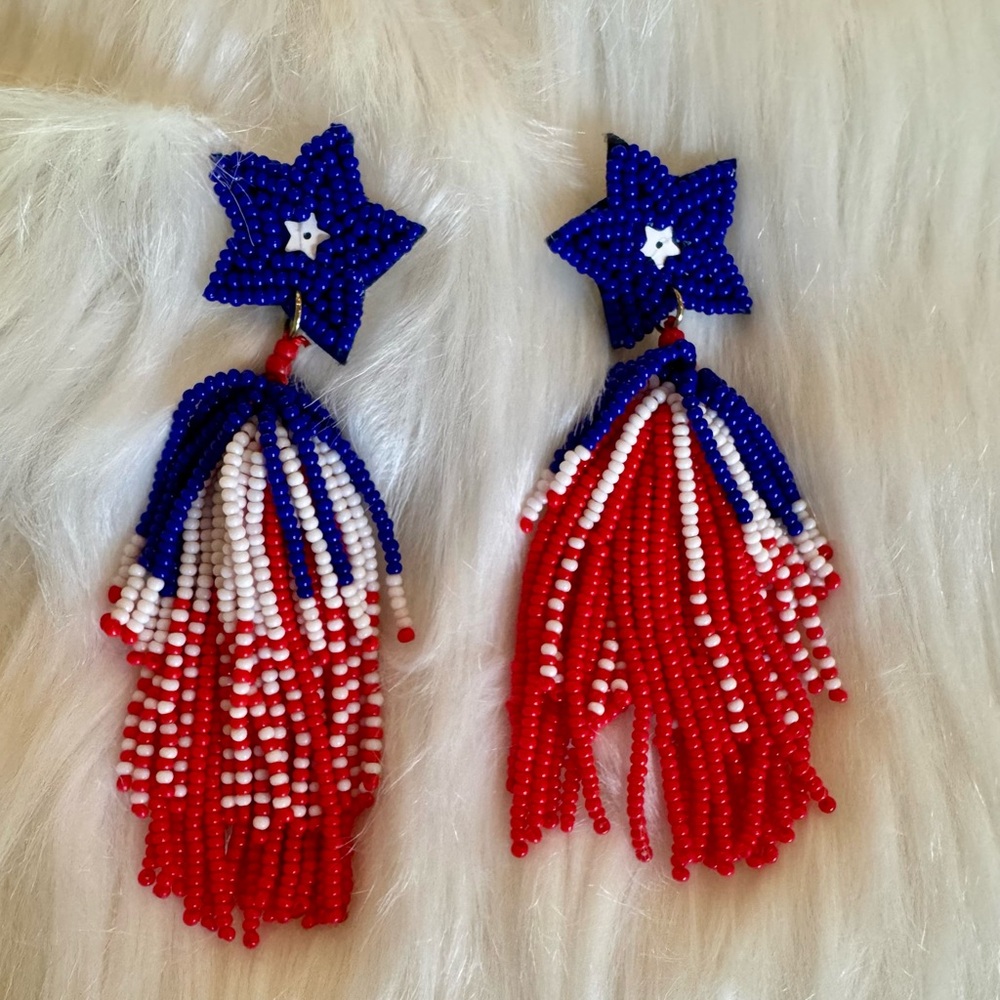 Patriotic Red, White & Blue Beaded Star Tassel Earrings